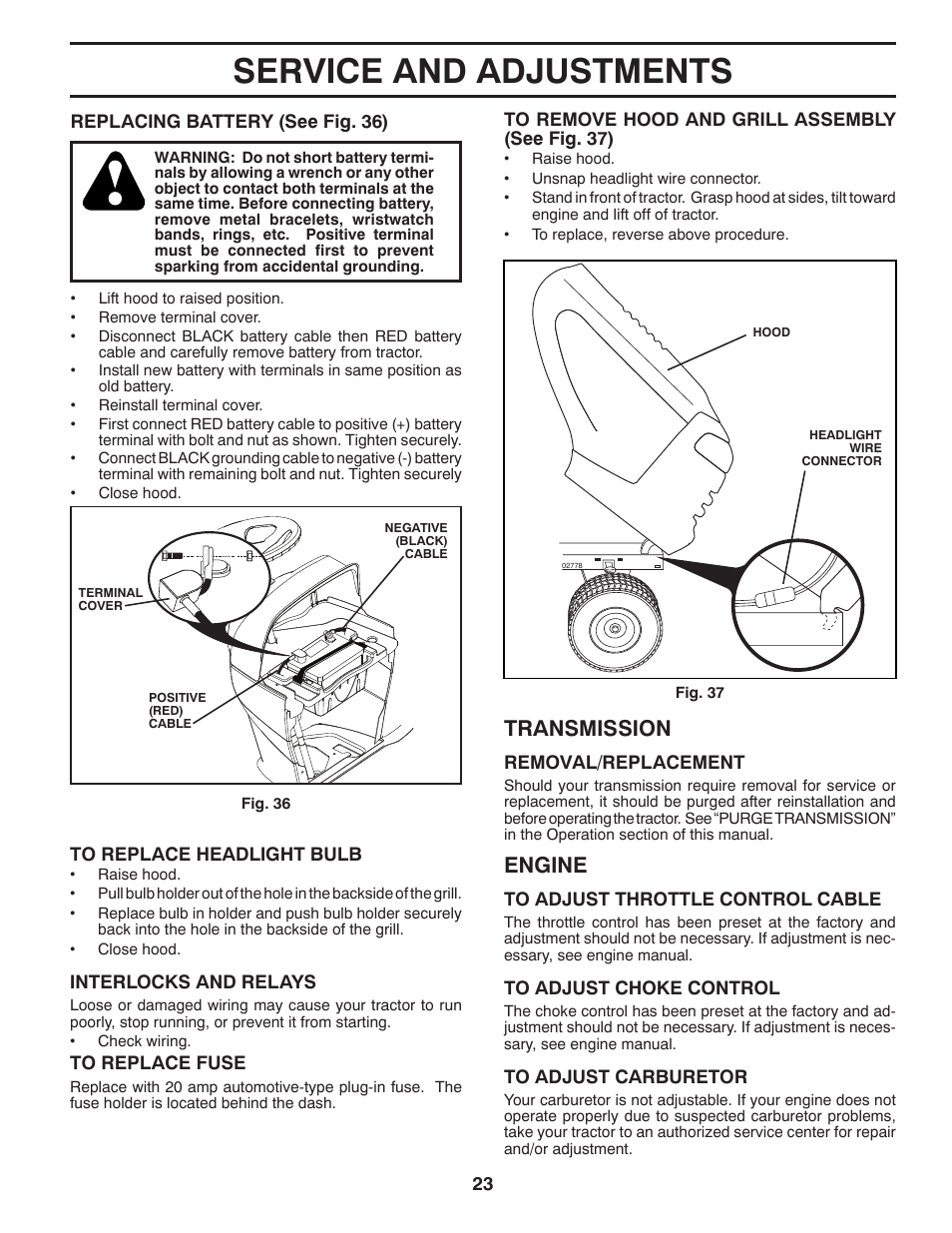 Service and adjustments, Engine, Transmission | Poulan Pro PB20H42YT LAWN TRACTOR User Manual | Page 23 / 56