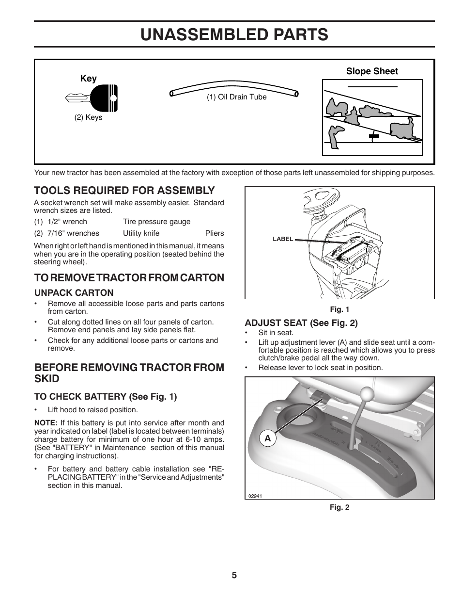 Unassembled parts, Before removing tractor from skid, Tools required for assembly | Poulan Pro PB20H42YT LAWN TRACTOR User Manual | Page 5 / 56