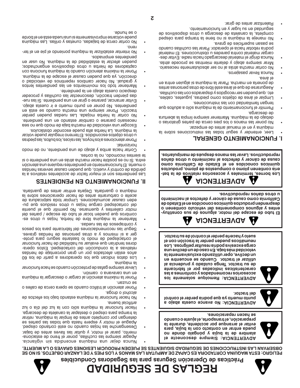 Reglas de seguridad, Advertencia, Ii. funcionamiento en pendientes | I. funcionamiento general | Poulan Pro PB20H42YT LAWN TRACTOR User Manual | Page 55 / 56