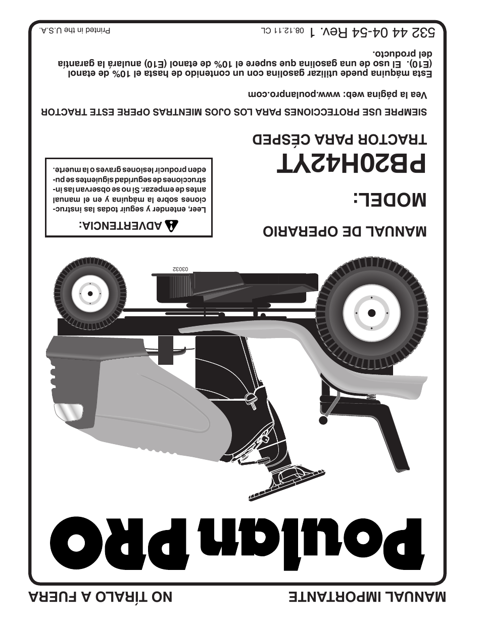 Pb20h42yt, Model, Tractor para césped | Poulan Pro PB20H42YT LAWN TRACTOR User Manual | Page 56 / 56