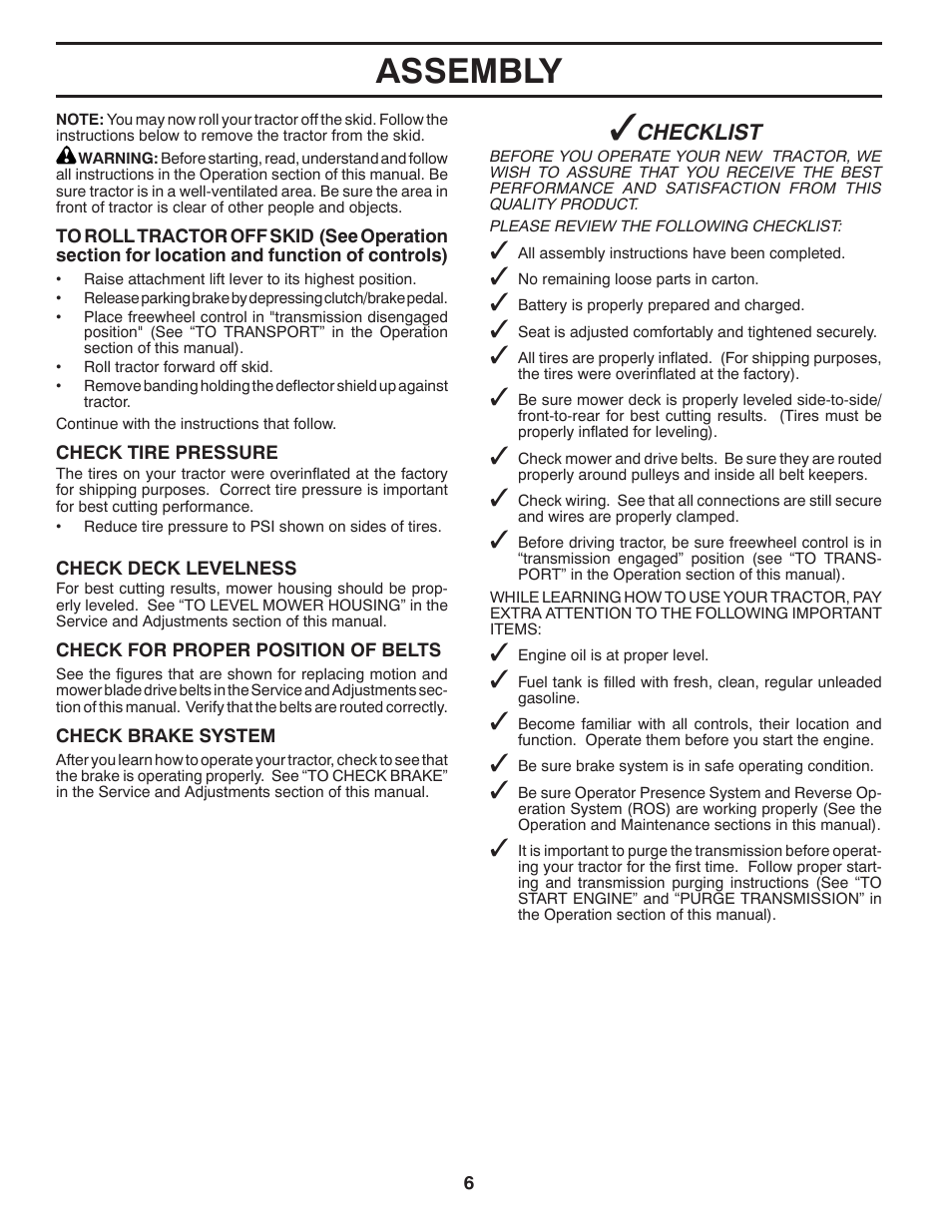 Assembly, Checklist | Poulan Pro PB20H42YT LAWN TRACTOR User Manual | Page 6 / 56