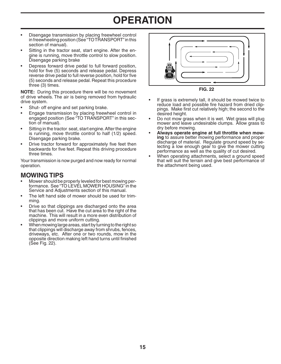 Operation, Mowing tips | Poulan Pro PB22H54YT LAWN TRACTOR User Manual | Page 15 / 32