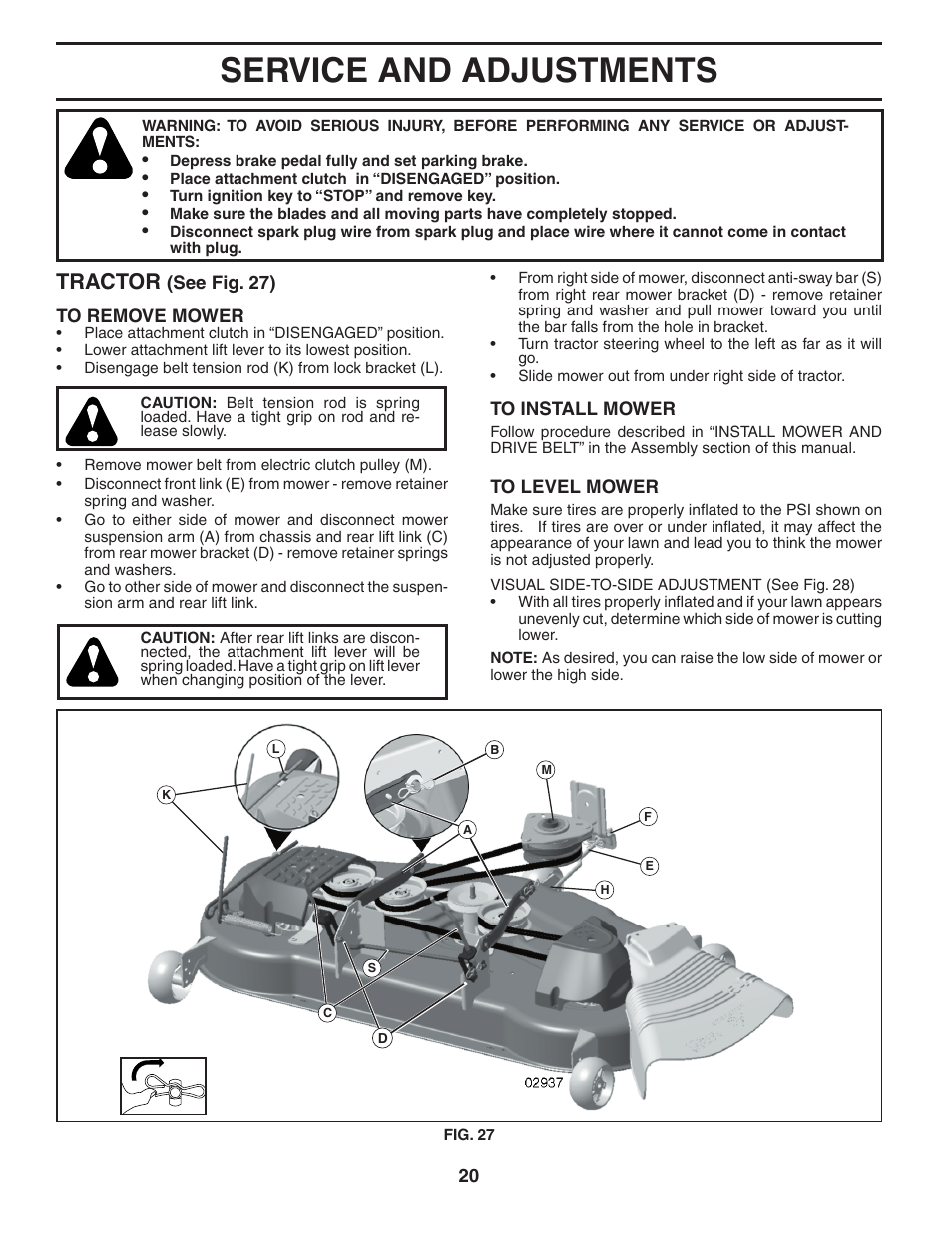 Service and adjustments, Tractor | Poulan Pro PB22H54YT LAWN TRACTOR User Manual | Page 20 / 32