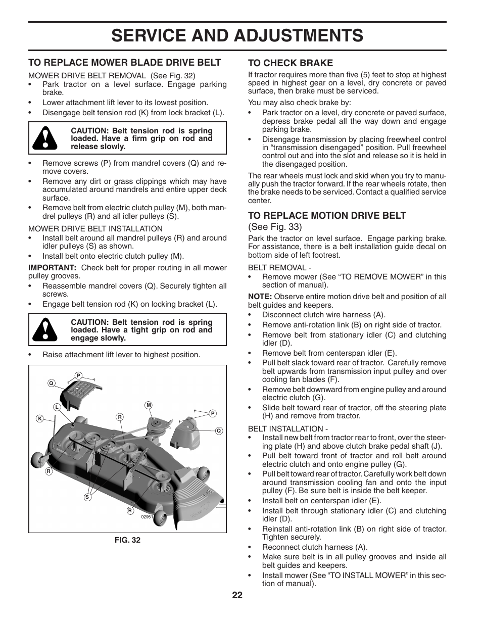 Service and adjustments | Poulan Pro PB22H54YT LAWN TRACTOR User Manual | Page 22 / 32