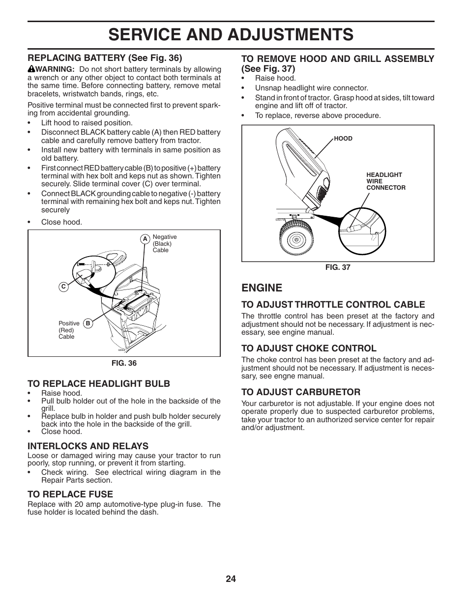 Service and adjustments, Engine | Poulan Pro PB22H54YT LAWN TRACTOR User Manual | Page 24 / 32