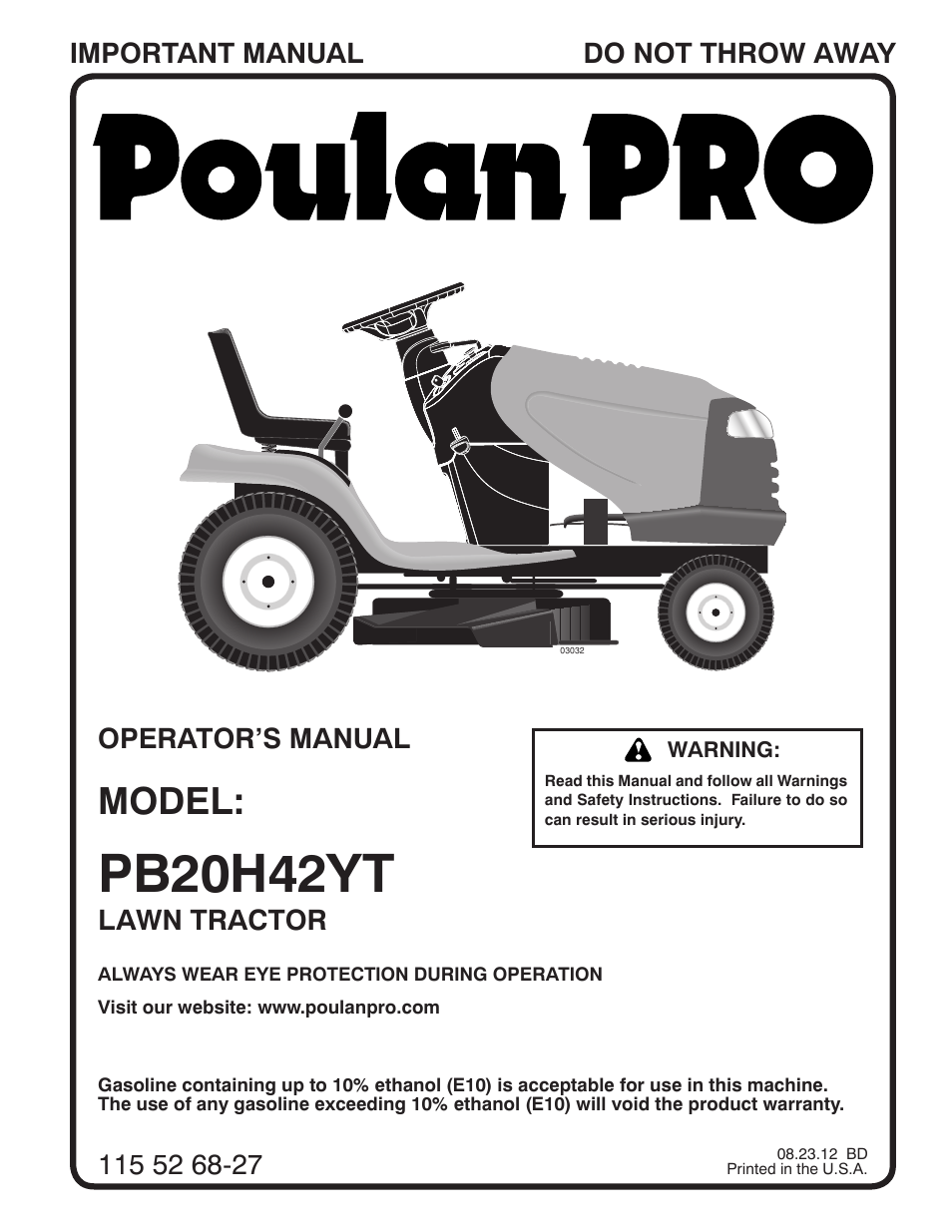 Poulan Pro PB20H42YT LAWN TRACTOR User Manual | 28 pages