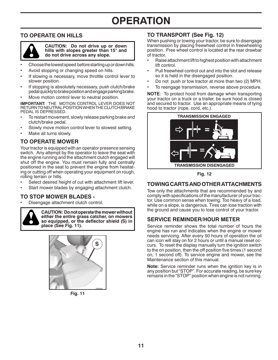 Operation | Poulan Pro PB20H42YT LAWN TRACTOR User Manual | Page 11 / 28