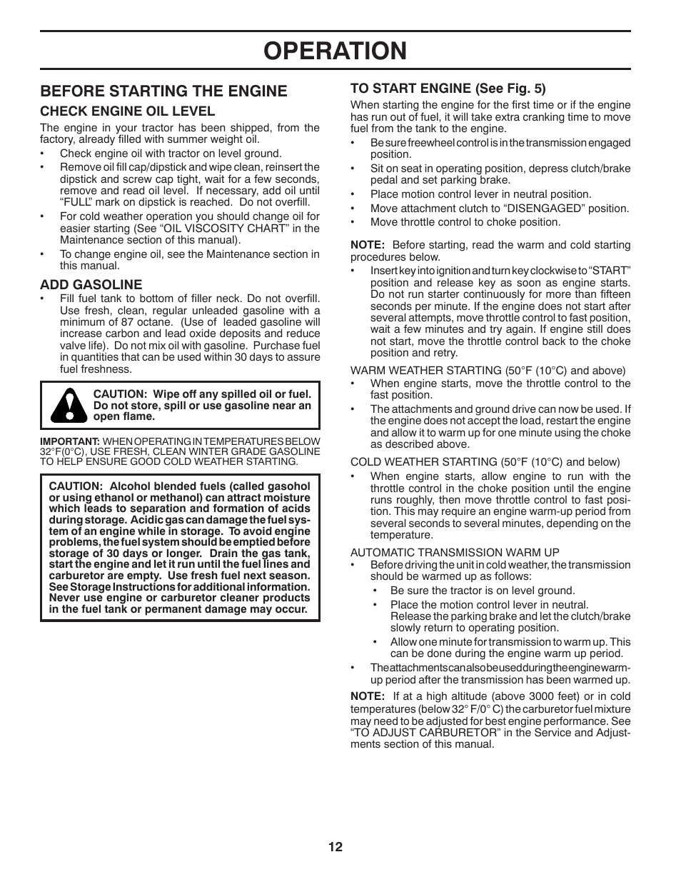 Operation, Before starting the engine | Poulan Pro PB20H42YT LAWN TRACTOR User Manual | Page 12 / 28