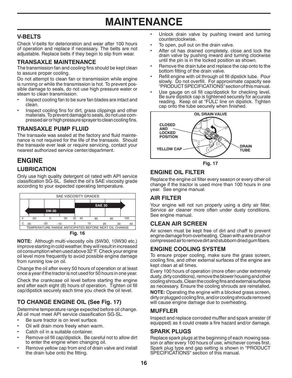 Maintenance, Engine, 16 air filter | Muffler, Clean air screen, Lubrication, V-belts, Transaxle maintenance, Transaxle pump fluid, Engine oil filter | Poulan Pro PB20H42YT LAWN TRACTOR User Manual | Page 16 / 28