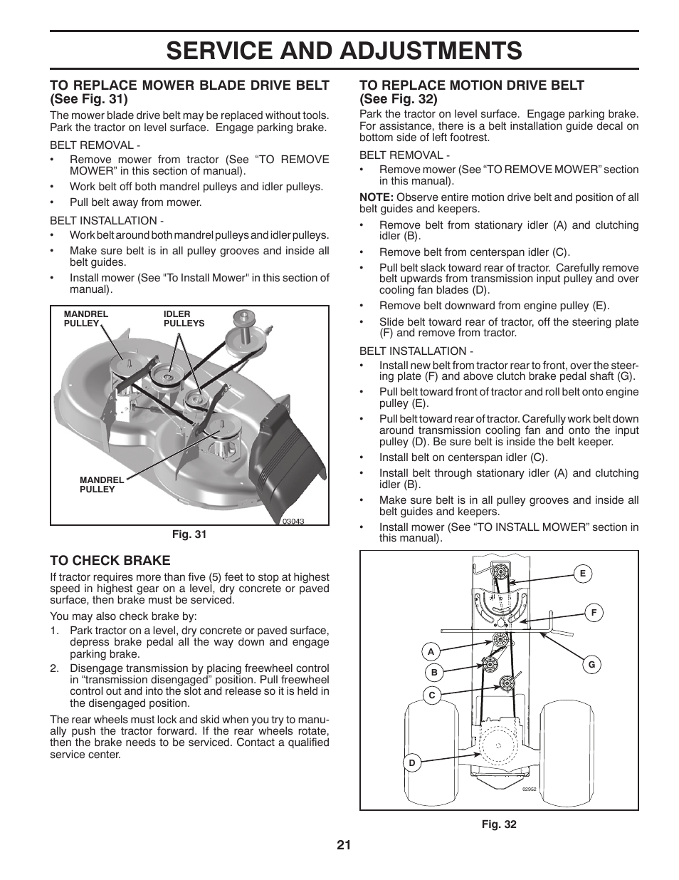 Service and adjustments | Poulan Pro PB20H42YT LAWN TRACTOR User Manual | Page 21 / 28