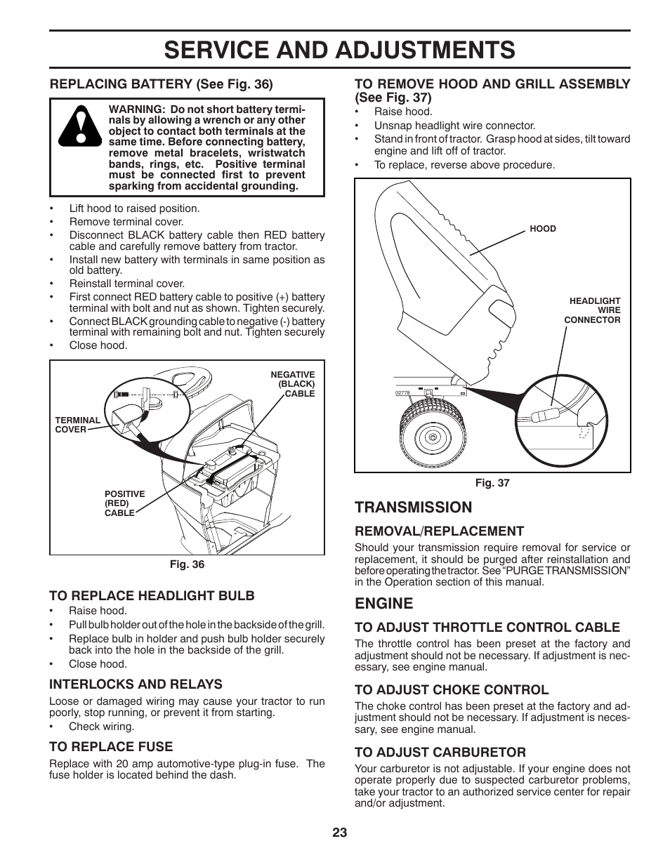 Service and adjustments, Engine, Transmission | Poulan Pro PB20H42YT LAWN TRACTOR User Manual | Page 23 / 28