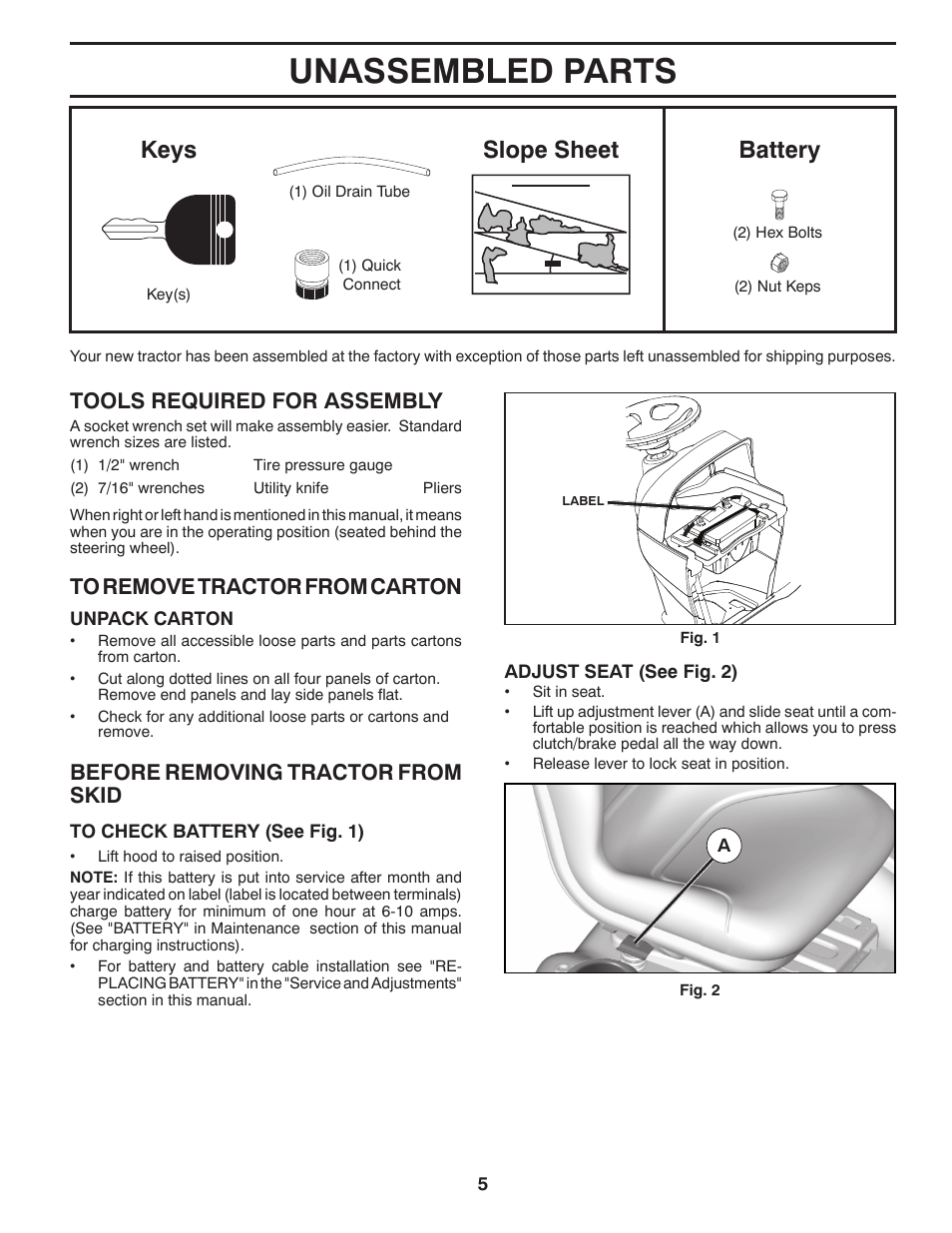 Unassembled parts, Slope sheet battery keys, Before removing tractor from skid | Tools required for assembly | Poulan Pro PB20H42YT LAWN TRACTOR User Manual | Page 5 / 28