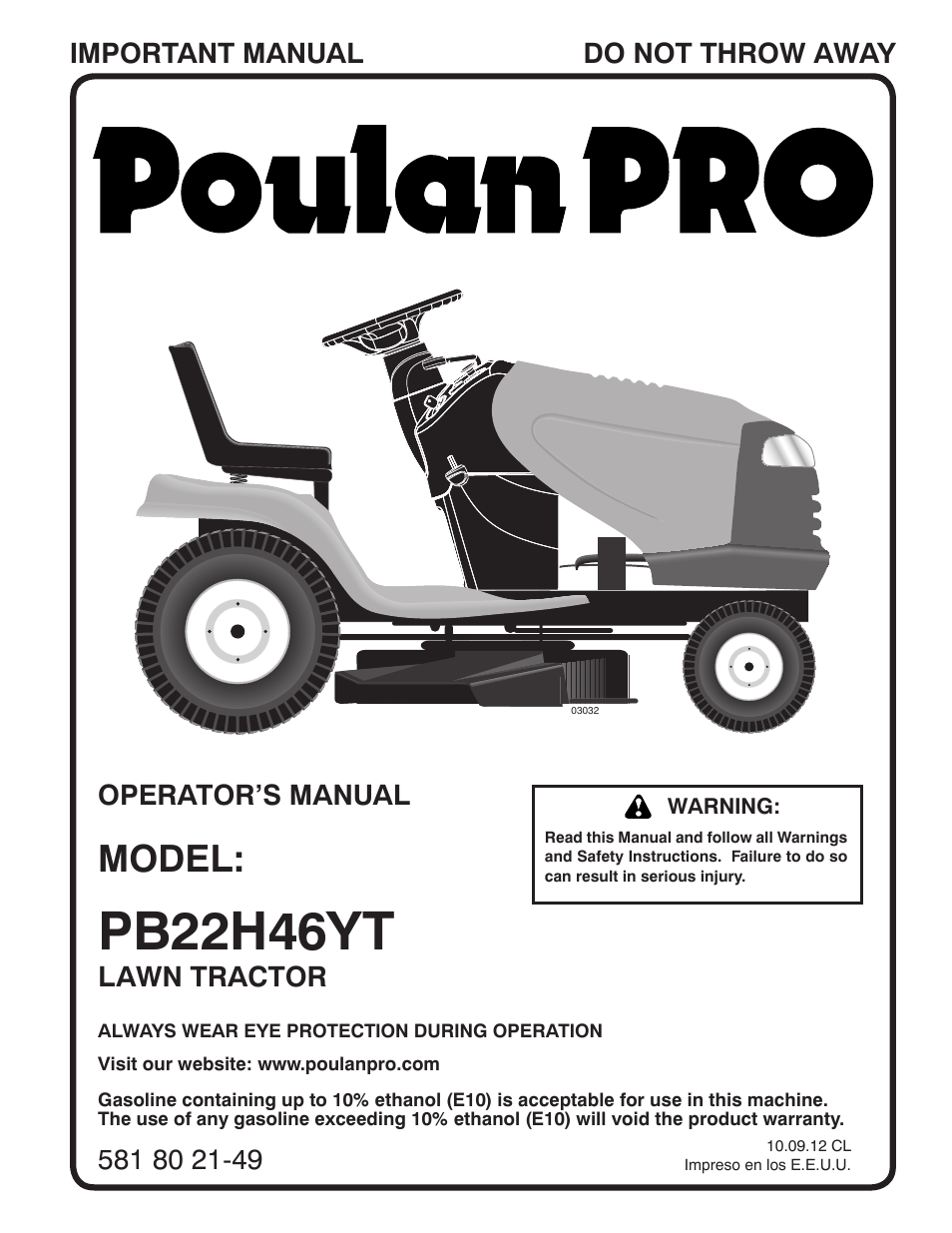 Poulan Pro PB22H46YT LAWN TRACTOR User Manual | 28 pages