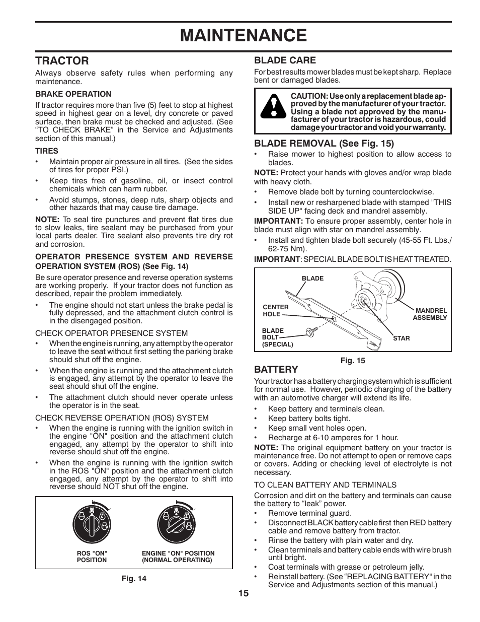 Maintenance, Tractor | Poulan Pro PB22H46YT LAWN TRACTOR User Manual | Page 15 / 28