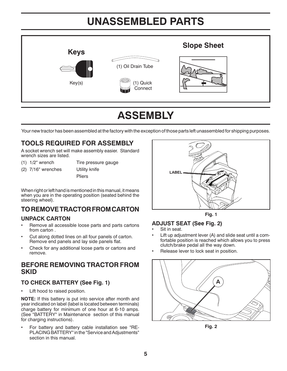 Unassembled parts, Assembly, Slope sheet keys | Tools required for assembly, Before removing tractor from skid | Poulan Pro PB22H46YT LAWN TRACTOR User Manual | Page 5 / 28