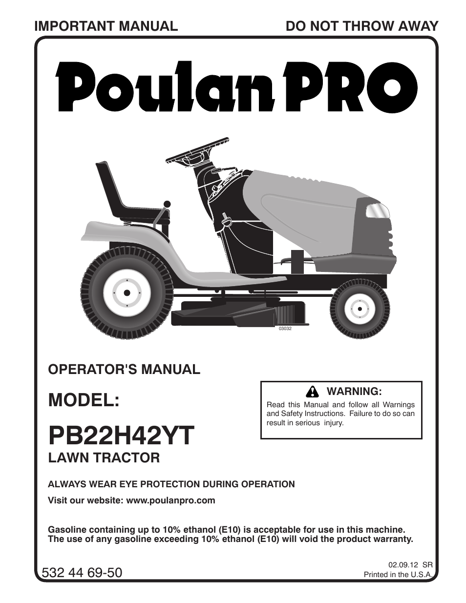 Poulan Pro PB22H42YT LAWN TRACTOR User Manual | 28 pages