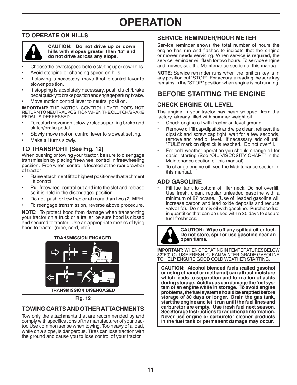 Operation, Before starting the engine | Poulan Pro PB22H42YT LAWN TRACTOR User Manual | Page 11 / 28