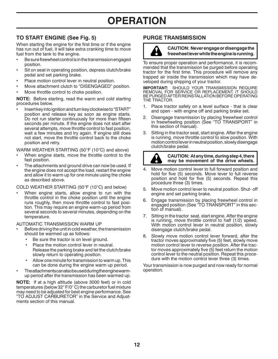 Operation | Poulan Pro PB22H42YT LAWN TRACTOR User Manual | Page 12 / 28