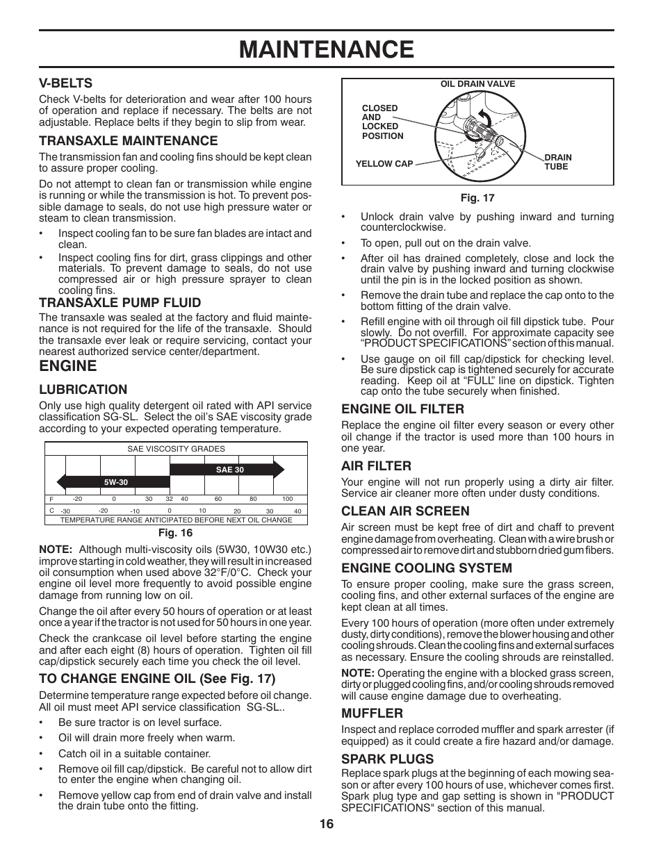 Maintenance, Engine, 16 air filter | Muffler, Clean air screen, Lubrication, V-belts, Transaxle maintenance, Transaxle pump fluid, Engine oil filter | Poulan Pro PB22H42YT LAWN TRACTOR User Manual | Page 16 / 28