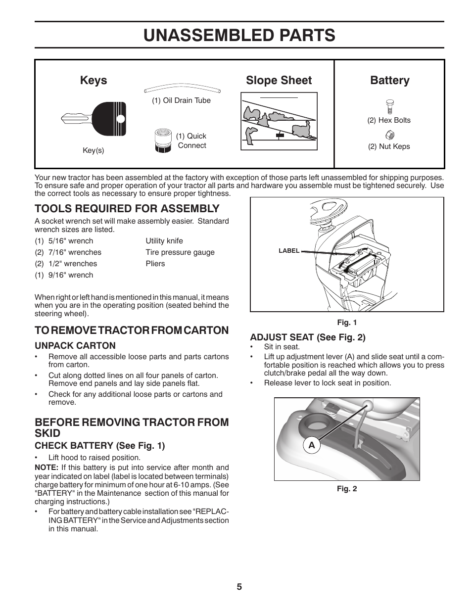 Unassembled parts, Slope sheet battery keys, Tools required for assembly | Before removing tractor from skid | Poulan Pro PB22H42YT LAWN TRACTOR User Manual | Page 5 / 28