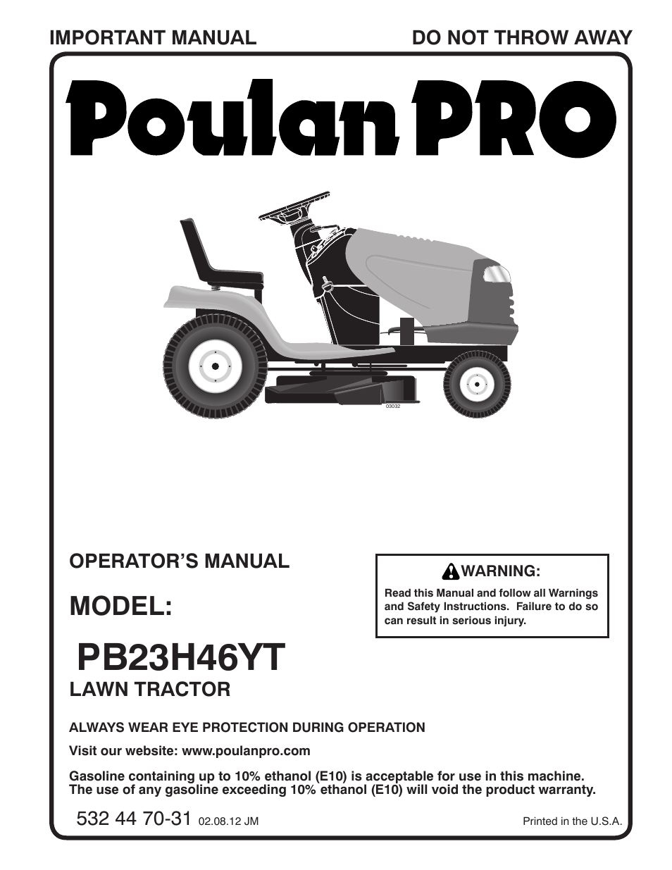 Poulan Pro PB23H46YT LAWN TRACTOR User Manual | 28 pages