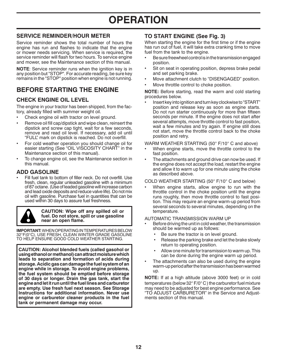 Operation, Before starting the engine | Poulan Pro PB23H46YT LAWN TRACTOR User Manual | Page 12 / 28