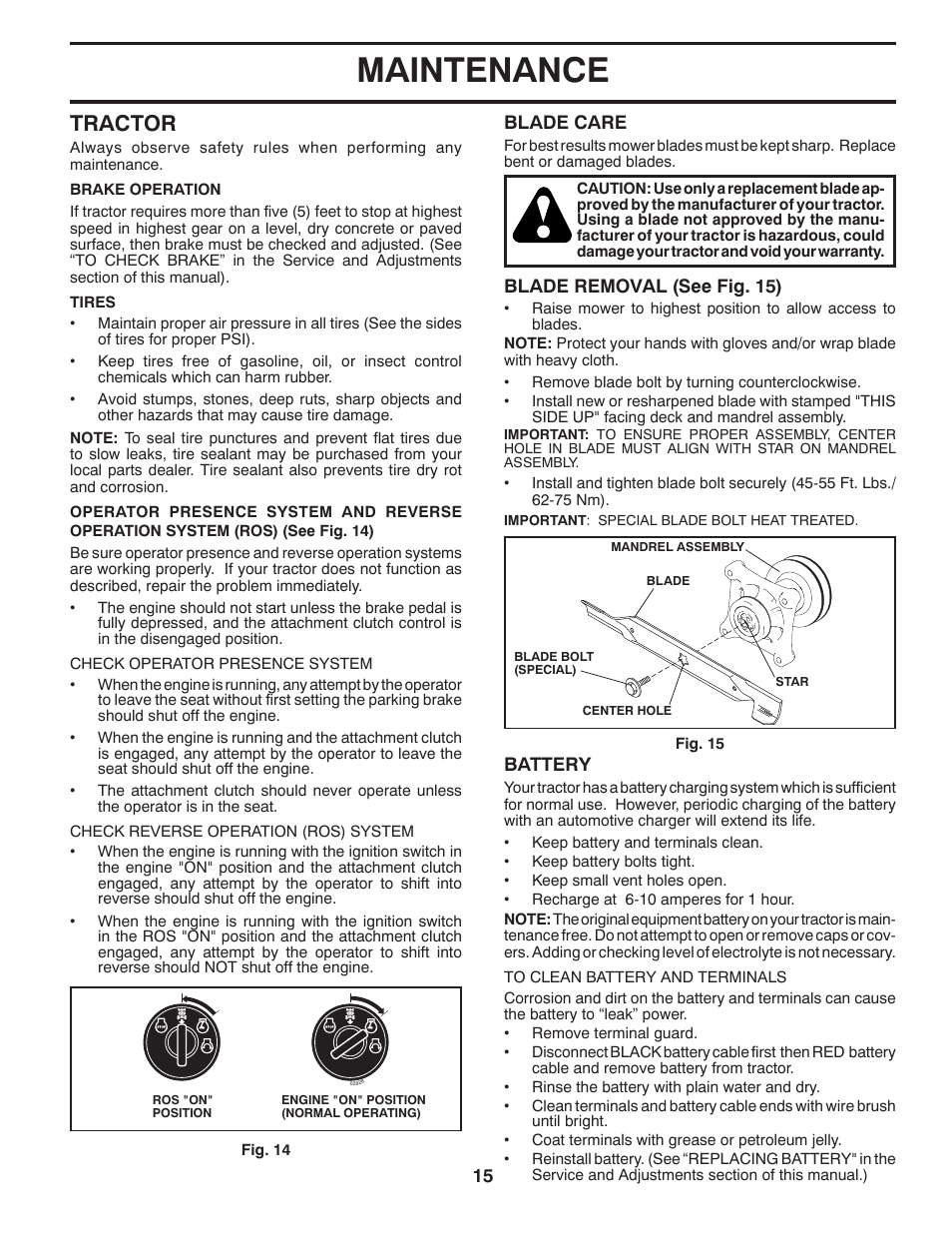 Maintenance, Tractor | Poulan Pro PB23H46YT LAWN TRACTOR User Manual | Page 15 / 28