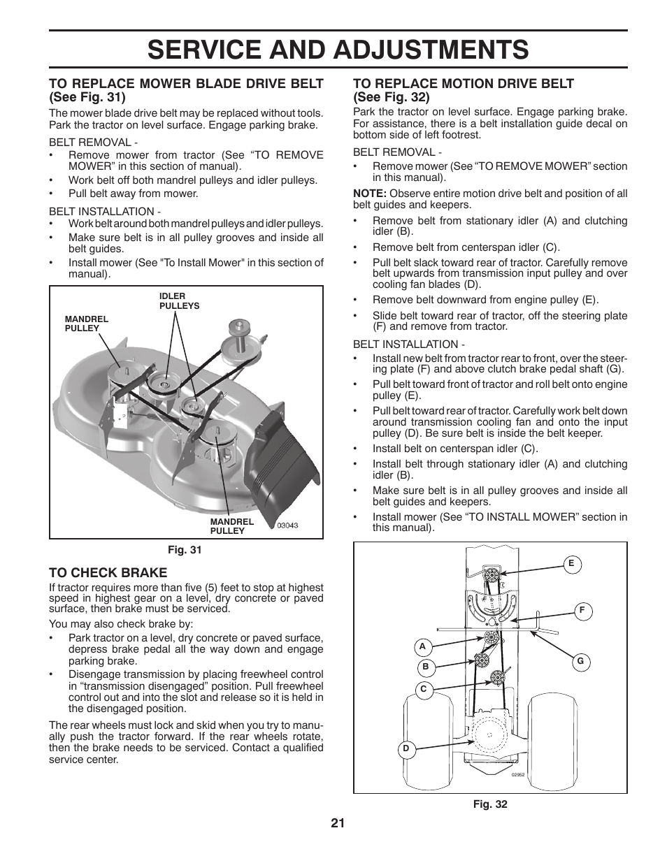 Service and adjustments | Poulan Pro PB23H46YT LAWN TRACTOR User Manual | Page 21 / 28