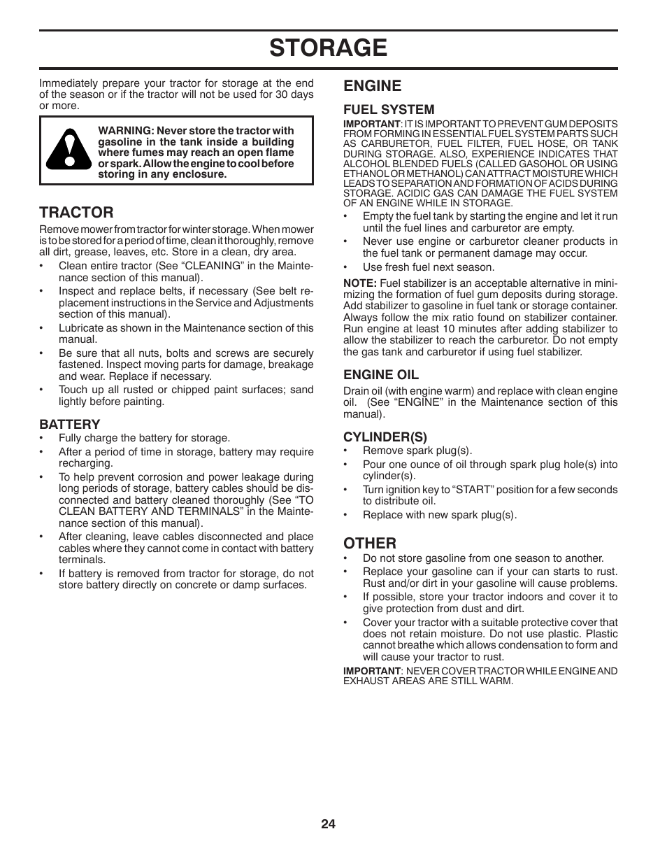 Storage, Tractor, Engine | Other | Poulan Pro PB23H46YT LAWN TRACTOR User Manual | Page 24 / 28