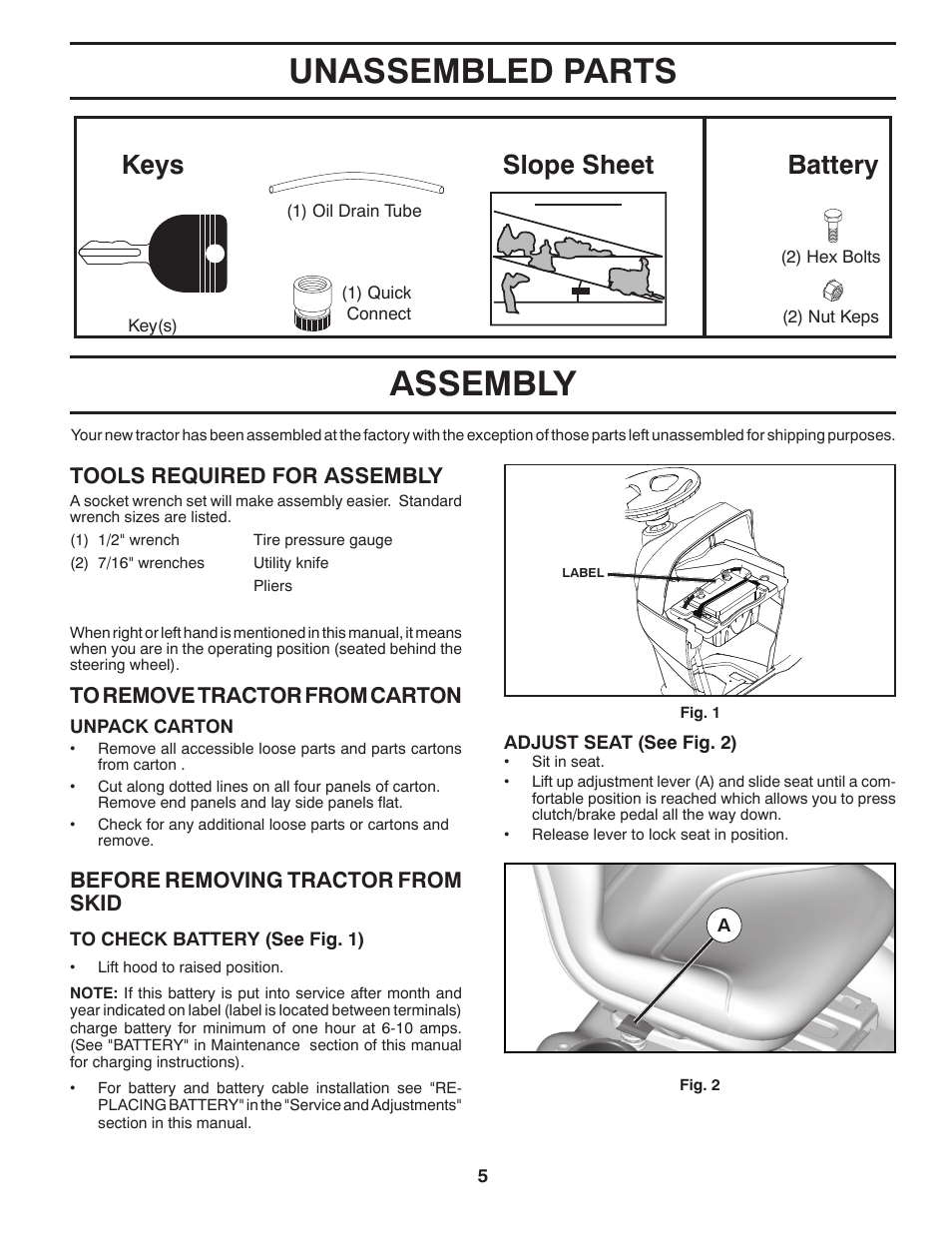 Unassembled parts, Assembly, Slope sheet battery keys | Tools required for assembly, Before removing tractor from skid | Poulan Pro PB23H46YT LAWN TRACTOR User Manual | Page 5 / 28