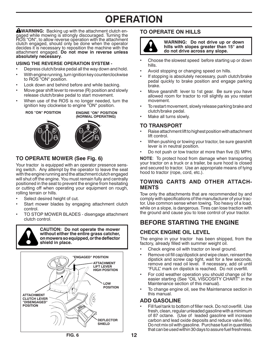 Operation, Before starting the engine | Poulan Pro PP14538 LAWN TRACTOR User Manual | Page 12 / 28