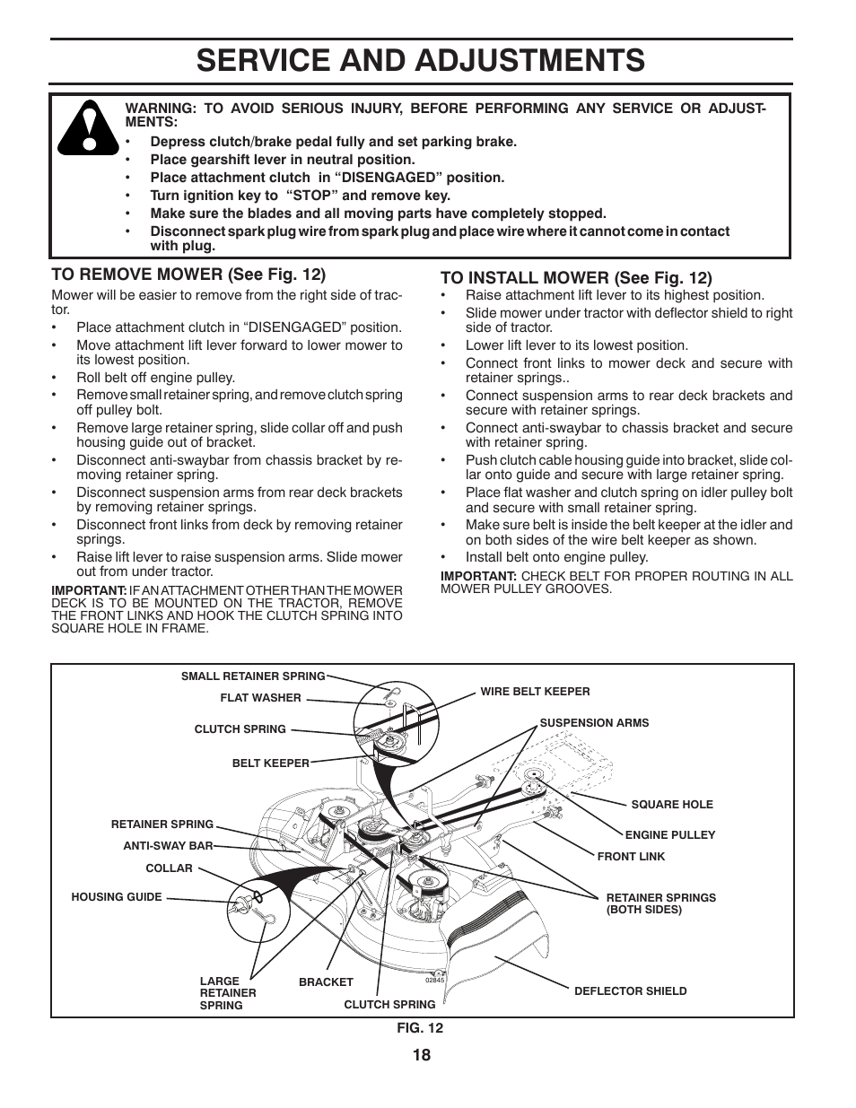 Service and adjustments | Poulan Pro PP14538 LAWN TRACTOR User Manual | Page 18 / 28
