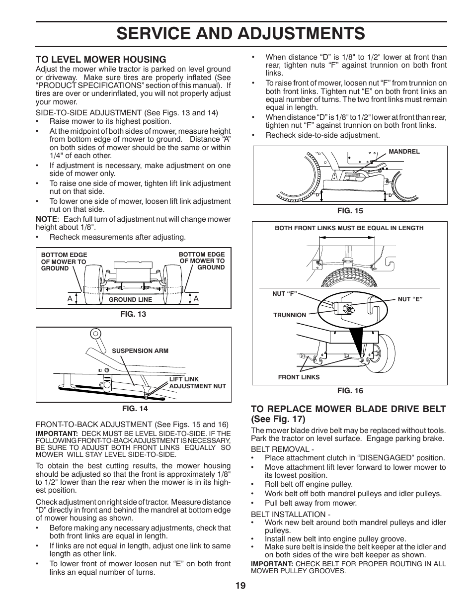 Service and adjustments | Poulan Pro PP14538 LAWN TRACTOR User Manual | Page 19 / 28