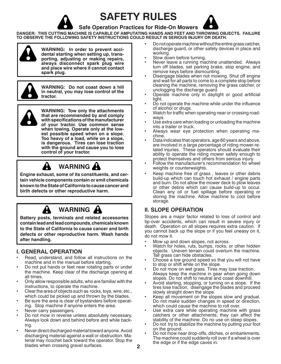 Safety rules, Warning | Poulan Pro PP14538 LAWN TRACTOR User Manual | Page 2 / 28