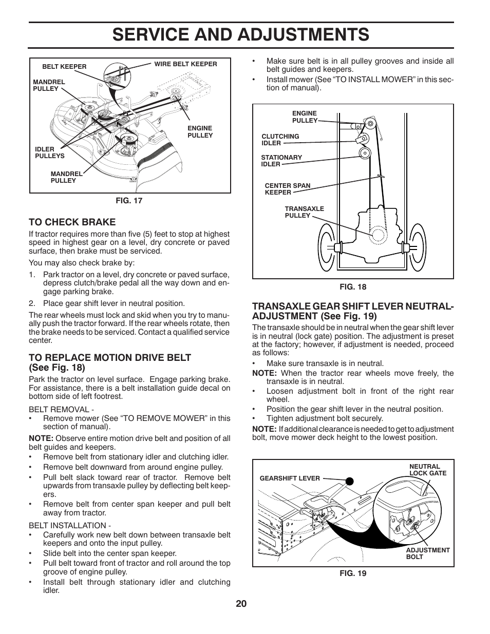 Service and adjustments | Poulan Pro PP14538 LAWN TRACTOR User Manual | Page 20 / 28