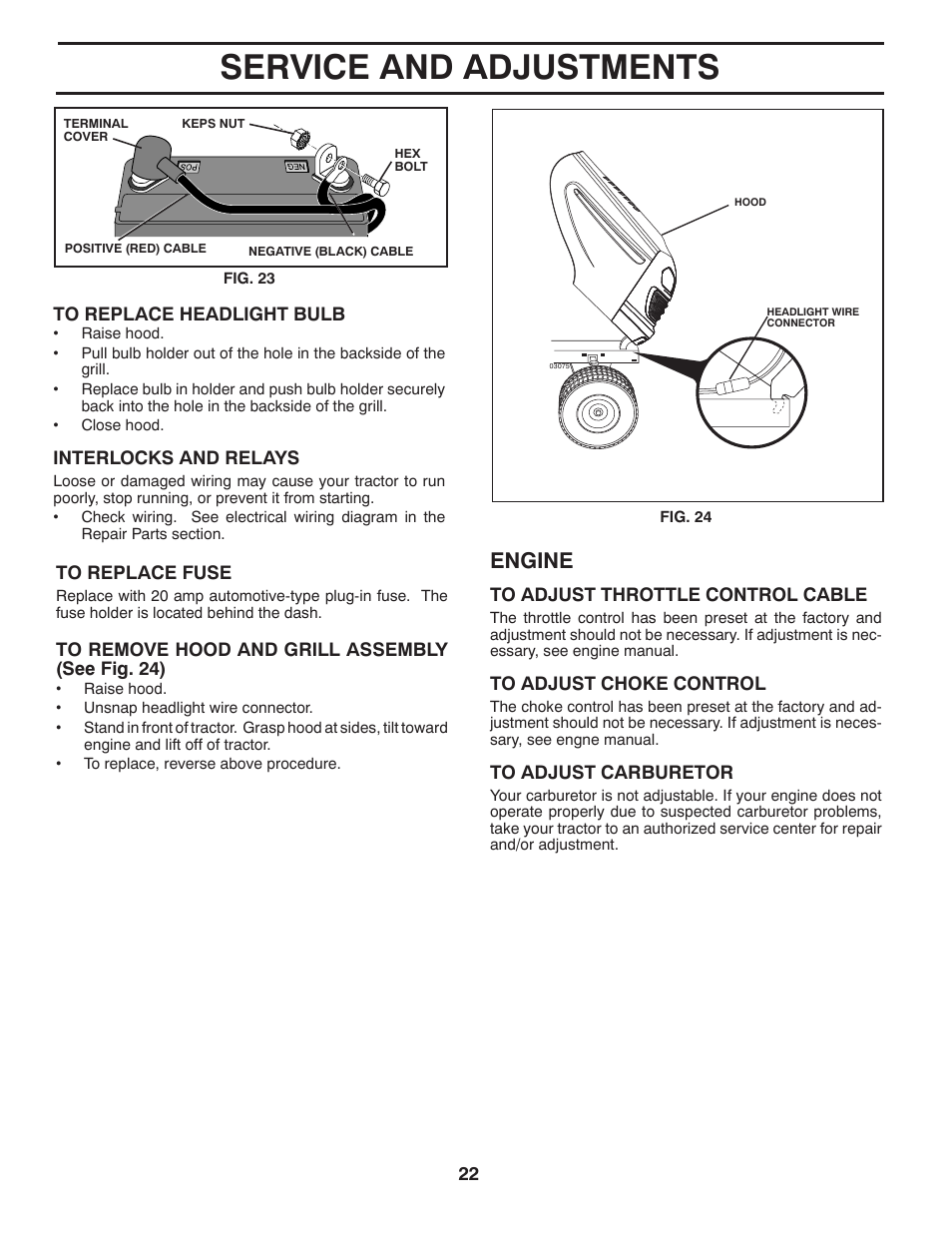 Service and adjustments, Engine | Poulan Pro PP14538 LAWN TRACTOR User Manual | Page 22 / 28