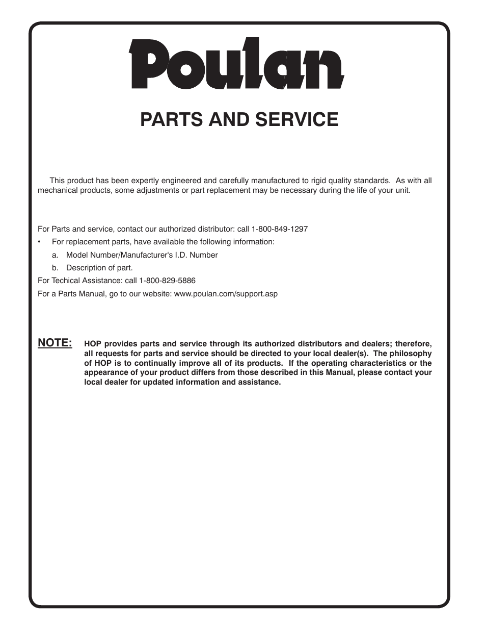 Parts and service | Poulan Pro PP14538 LAWN TRACTOR User Manual | Page 28 / 28