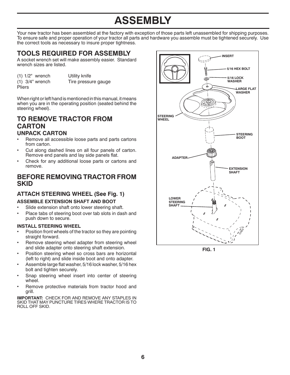 Assembly, Tools required for assembly, Before removing tractor from skid | Unpack carton, Attach steering wheel (see fig. 1) | Poulan Pro PP14538 LAWN TRACTOR User Manual | Page 6 / 28