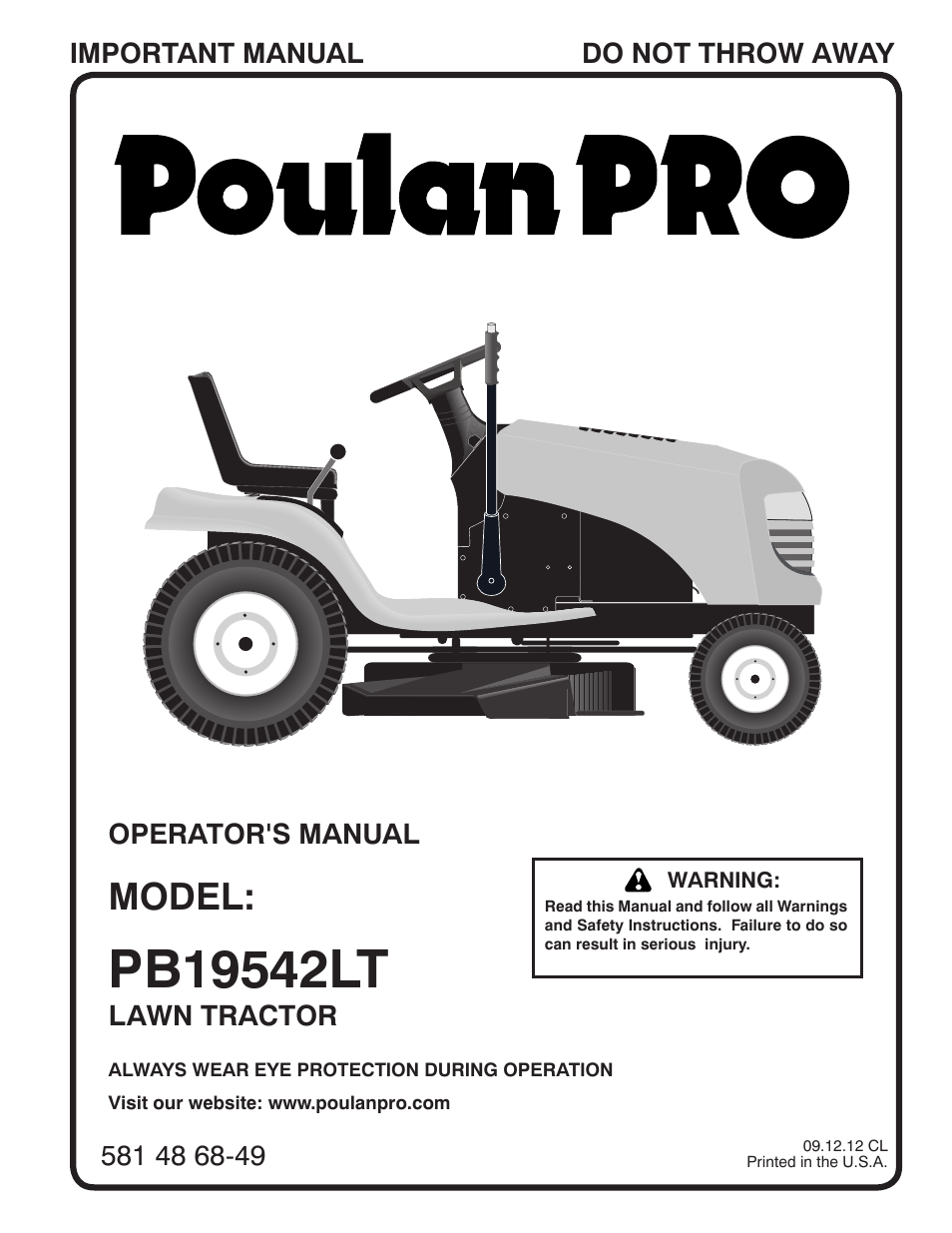 Poulan Pro PB19542LT LAWN TRACTOR User Manual | 56 pages