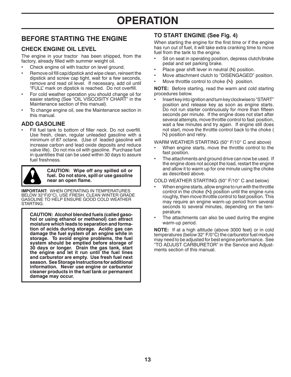 Operation, Before starting the engine | Poulan Pro PB19542LT LAWN TRACTOR User Manual | Page 13 / 56