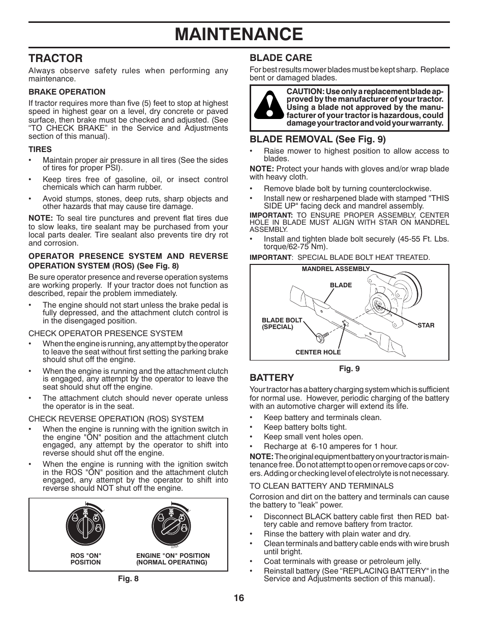 Maintenance, Tractor | Poulan Pro PB19542LT LAWN TRACTOR User Manual | Page 16 / 56