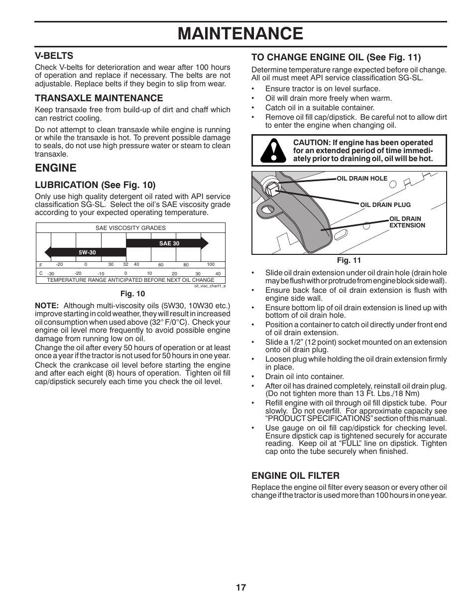 Maintenance, Engine, Lubrication (see fig. 10) | Transaxle maintenance, V-belts, Engine oil filter | Poulan Pro PB19542LT LAWN TRACTOR User Manual | Page 17 / 56