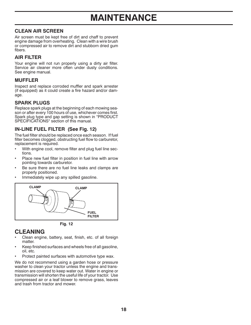 Maintenance, Cleaning | Poulan Pro PB19542LT LAWN TRACTOR User Manual | Page 18 / 56