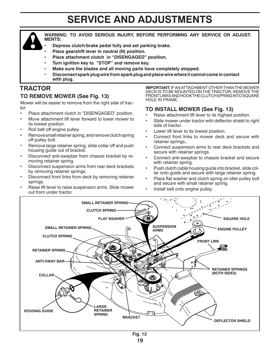 Service and adjustments, Tractor | Poulan Pro PB19542LT LAWN TRACTOR User Manual | Page 19 / 56