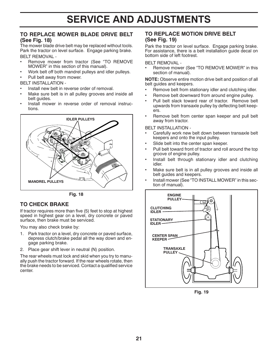 Service and adjustments | Poulan Pro PB19542LT LAWN TRACTOR User Manual | Page 21 / 56