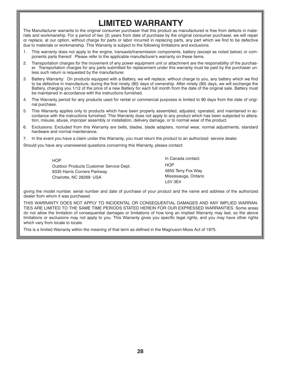 Limited warranty | Poulan Pro PB19542LT LAWN TRACTOR User Manual | Page 28 / 56