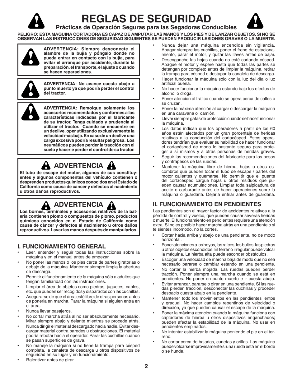 Reglas de seguridad, Advertencia, Ii. funcionamiento en pendientes | I. funcionamiento general | Poulan Pro PB19542LT LAWN TRACTOR User Manual | Page 30 / 56