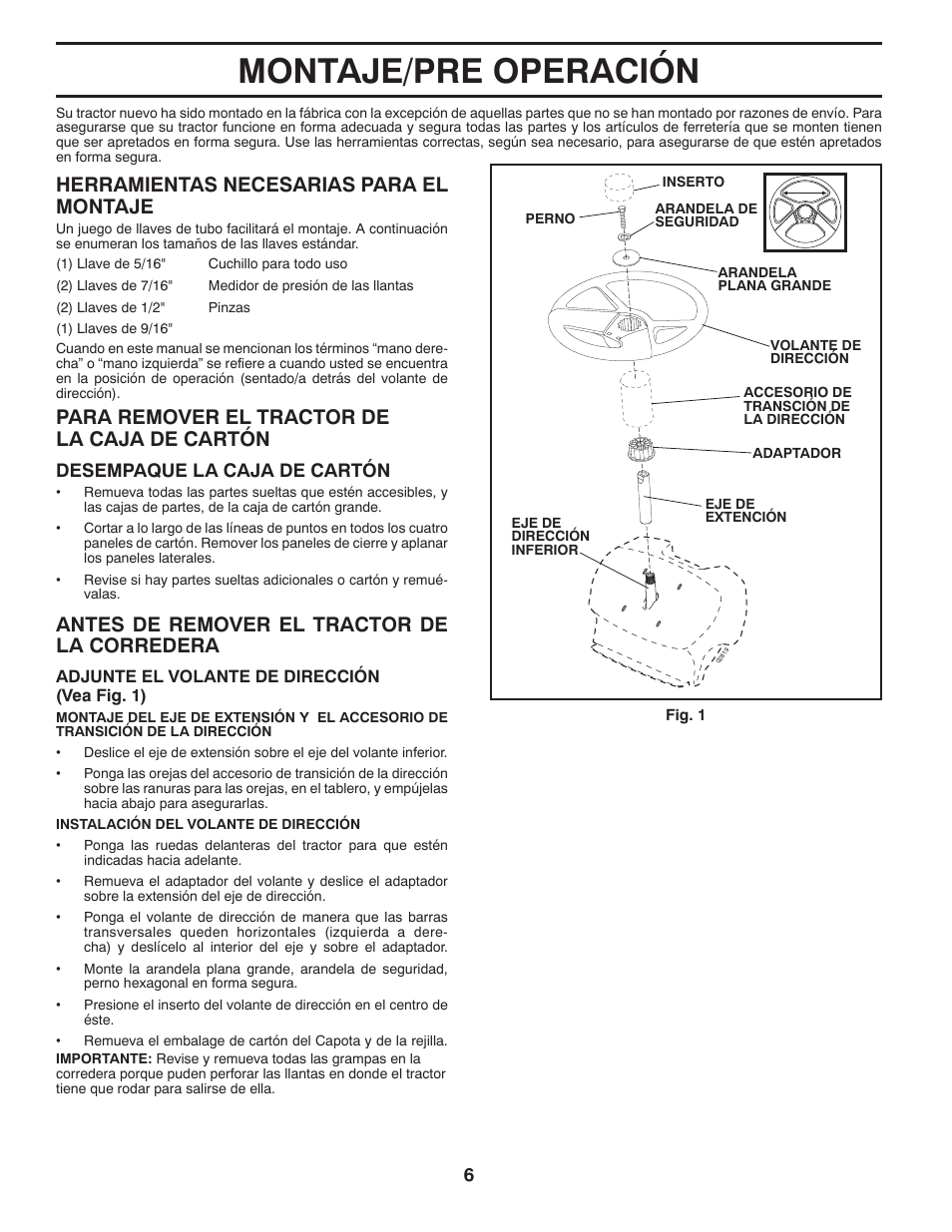 Montaje/pre operación, Herramientas necesarias para el montaje, Para remover el tractor de la caja de cartón | Antes de remover el tractor de la corredera | Poulan Pro PB19542LT LAWN TRACTOR User Manual | Page 34 / 56