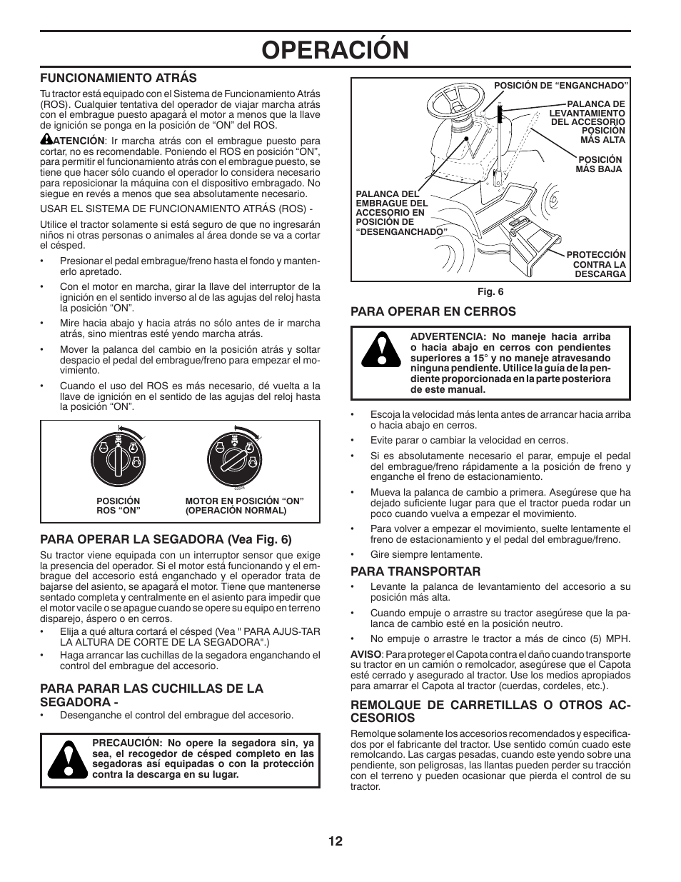 Operación | Poulan Pro PB19542LT LAWN TRACTOR User Manual | Page 40 / 56