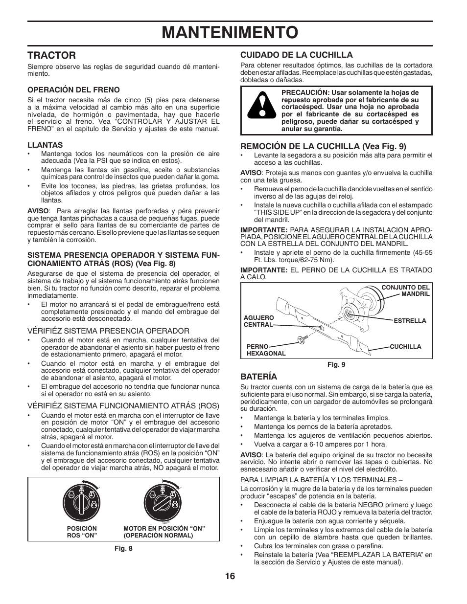 Mantenimento, Tractor | Poulan Pro PB19542LT LAWN TRACTOR User Manual | Page 44 / 56